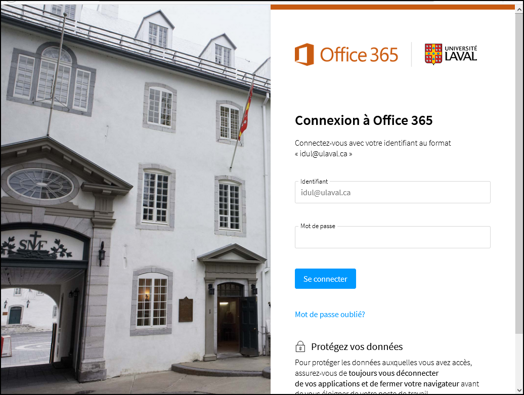 Page de connexion Microsoft Office 365 de l'Université Laval. Saisir votre IDUL@ulaval.ca, votre NIP et cliquer sur Se connecter.