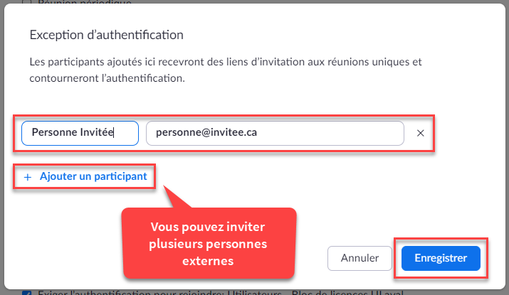Menu contextuel de l'exception d'authentification. Ce menu permet d'ajouter plus d'un invité par courriel.